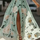 Daisy | Abito Maxi Chiffon Floreale a Spalle Scoperte Verde Chiaro