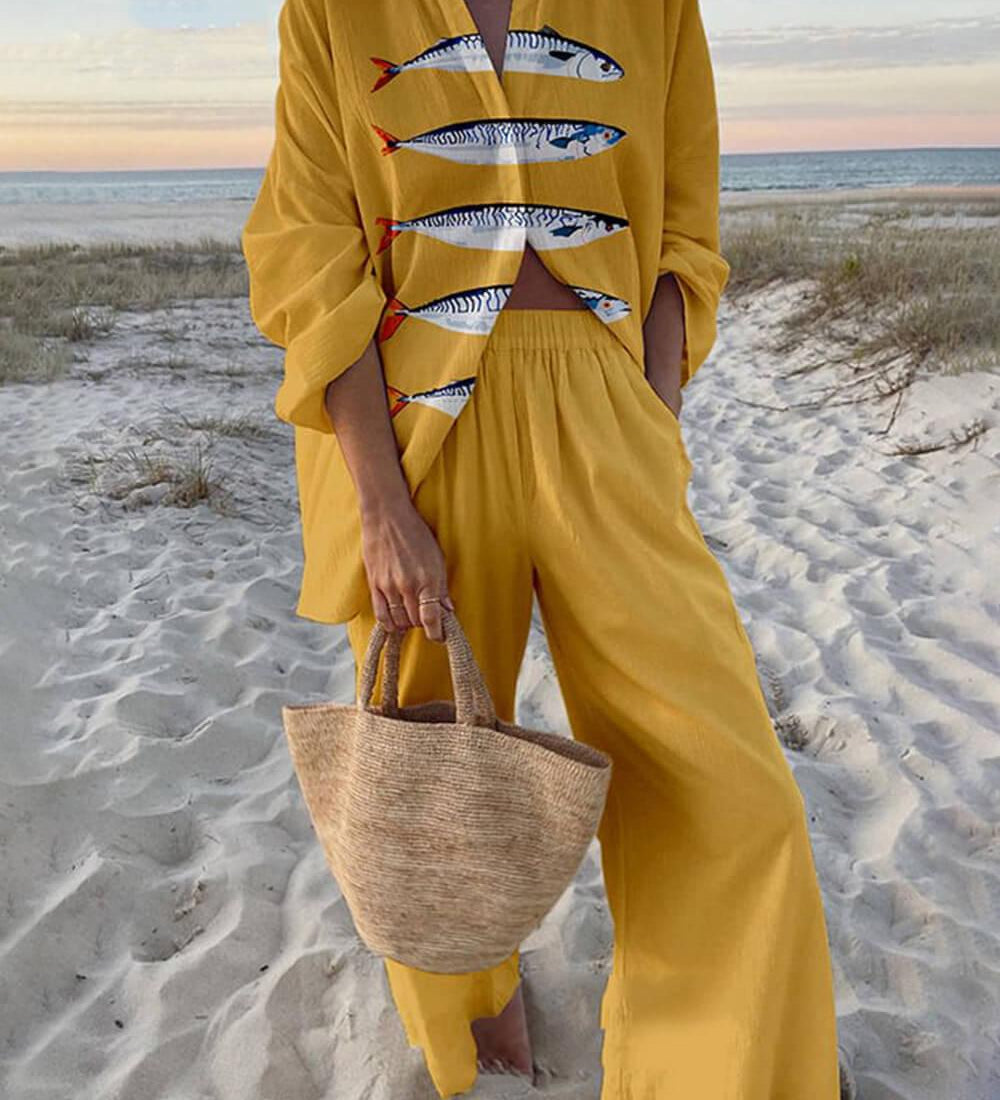 Vittoria | Completo Camicia Oversize con Stampa Oceano in Stile Insulare e Pantaloni con Tasche Elastiche