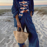 Vittoria | Completo Camicia Oversize con Stampa Oceano in Stile Insulare e Pantaloni con Tasche Elastiche