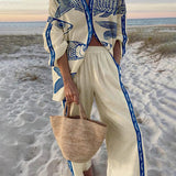 Vittoria | Completo Camicia Oversize con Stampa Oceano in Stile Insulare e Pantaloni con Tasche Elastiche