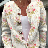 Cardigan con stampa di fiori e foglie e bottoni