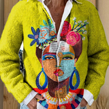 Cardigan con stampa artistica di ritratto dipinto e bottoni