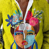 Cardigan con stampa artistica di ritratto dipinto e bottoni