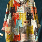 Rocío | Blusa Casual da Donna con Stampa Artistica di Gatto