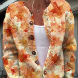 Cardigan autunnale con stampa artistica di foglie d'acero e bottoni