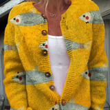 Cardigan vintage con stampa artistica di pesci e sardine e bottoni