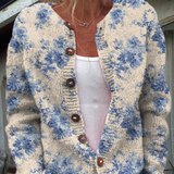 Cardigan con stampa artistica floreale e bottoni