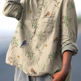 Jimena | Camicia Casual da Donna con Stampa di Rami e Uccelli Robin