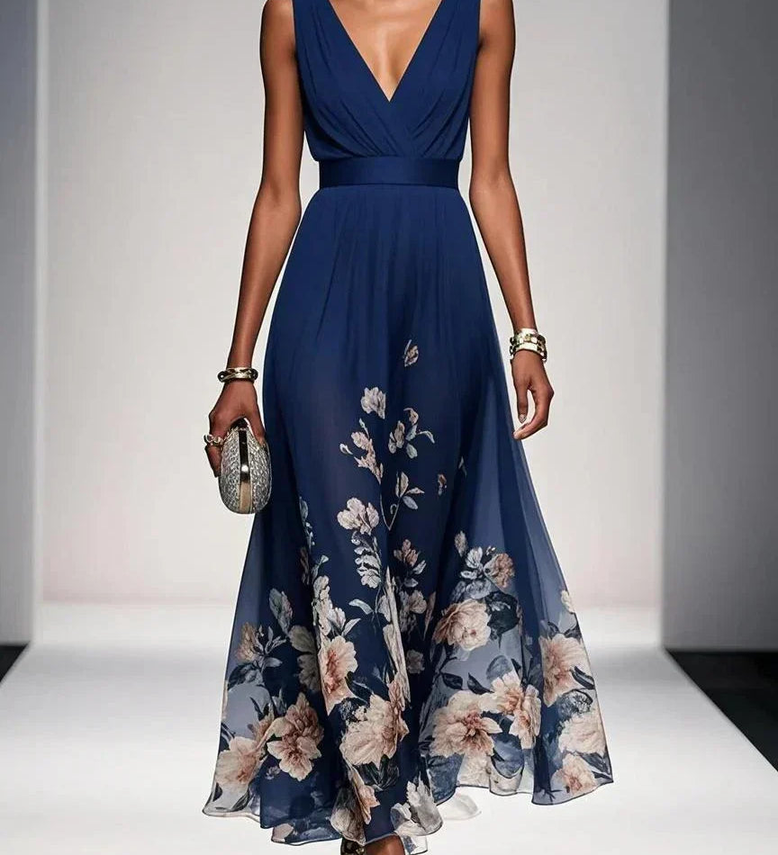 Rosa | Abito Maxi in Chiffon con Fiori Blu Chiaro e Scollatura a V