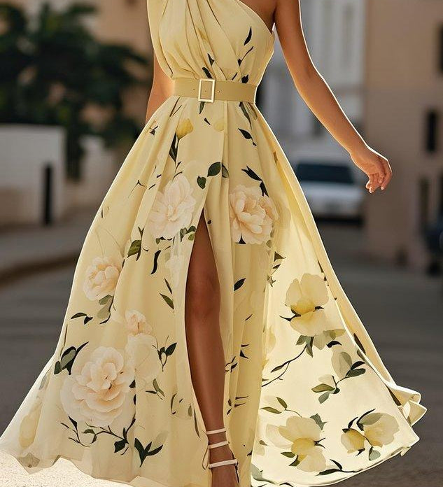 Daisy | Abito Maxi Chiffon Floreale a Spalle Scoperte Verde Chiaro