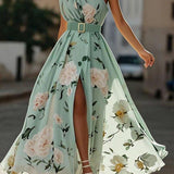 Daisy | Abito Maxi Chiffon Floreale a Spalle Scoperte Verde Chiaro