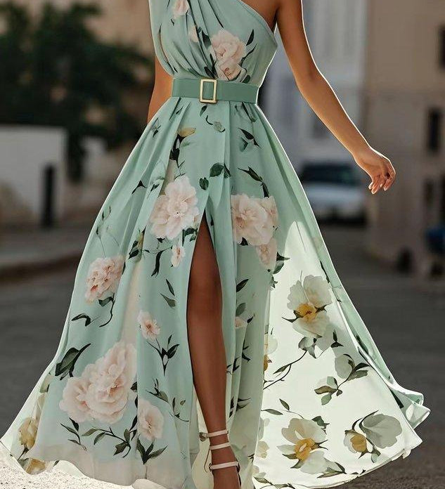 Daisy | Abito Maxi Chiffon Floreale a Spalle Scoperte Verde Chiaro