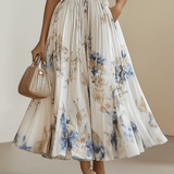 Camilla | Abito midi plissettato in chiffon floreale bianco con scollatura a V