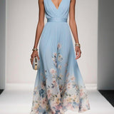 Rosa | Abito Maxi in Chiffon con Fiori Blu Chiaro e Scollatura a V