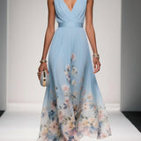 Rosa | Abito Maxi in Chiffon con Fiori Blu Chiaro e Scollatura a V