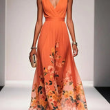 Rosa | Abito Maxi in Chiffon con Fiori Blu Chiaro e Scollatura a V