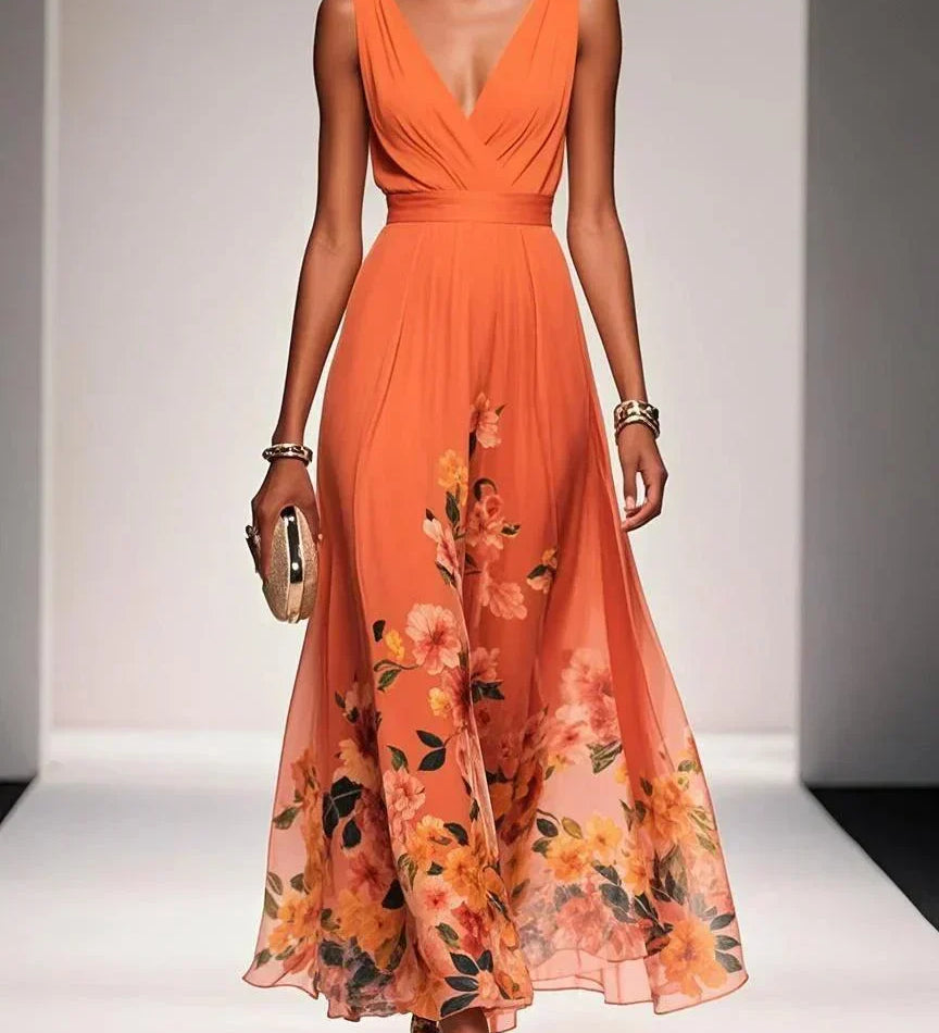 Rosa | Abito Maxi in Chiffon con Fiori Blu Chiaro e Scollatura a V