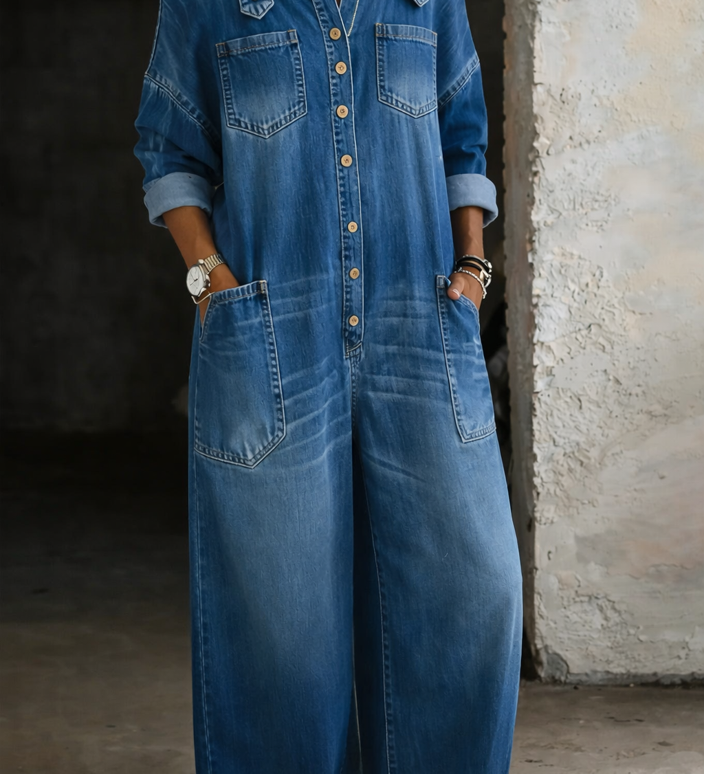 Martina - Jumpsuit in denim con spalline e spalle scoperte