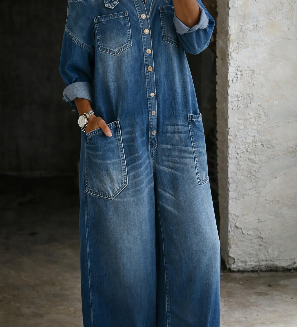 Barbara - Salopette in jeans con spalle scoperte