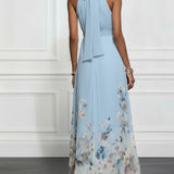 Costanza | Abito Maxi Chiffon con Fiori Blu