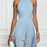 Costanza | Abito Maxi Chiffon con Fiori Blu