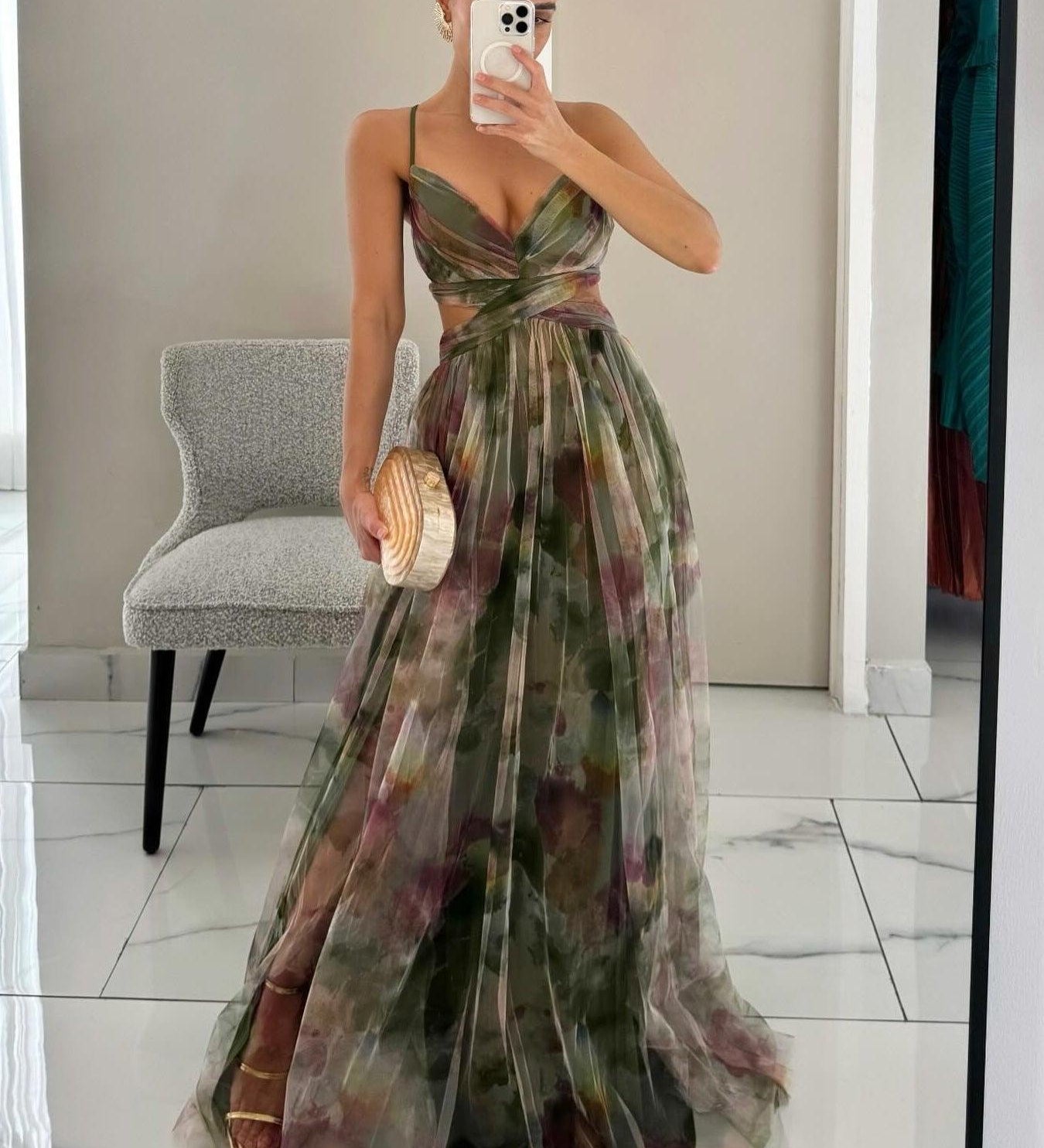 Gaia | Abito Maxi Stampato Floreale con Collo a V