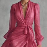 Nicole | Abito lungo in chiffon elegante con scollatura a V e vita da annodare