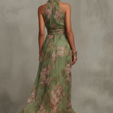 Sienna | Abito Maxi Chiffon Floreale Verde a Schiena Nuda