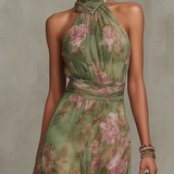 Sienna | Abito Maxi Chiffon Floreale Verde a Schiena Nuda