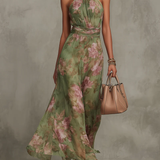 Sienna | Abito Maxi Chiffon Floreale Verde a Schiena Nuda