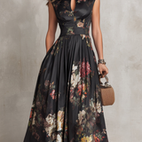 Lavinia | Abito Midi Plissettato in Satin Floreale Nero