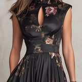 Lavinia | Abito Midi Plissettato in Satin Floreale Nero