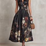 Lavinia | Abito Midi Plissettato in Satin Floreale Nero