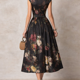 Lavinia | Abito Midi Plissettato in Satin Floreale Nero
