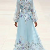 Mia | Abito Maxi Chiffon Floreale Blu Chiaro con Scollo a V
