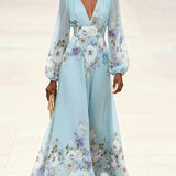 Mia | Abito Maxi Chiffon Floreale Blu Chiaro con Scollo a V