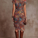 Linda | Abito Midi Plissettato V-Cuore Astratto Bohemien