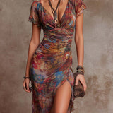 Linda | Abito Midi Plissettato V-Cuore Astratto Bohemien