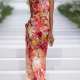 Valentina | Abito Maxi Senza Maniche in Chiffon Rosso a Fiori
