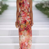 Valentina | Abito Maxi Senza Maniche in Chiffon Rosso a Fiori