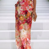 Valentina | Abito Maxi Senza Maniche in Chiffon Rosso a Fiori