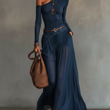 Maria | Top a Spalla Scoperta e Gonna Blu Marino