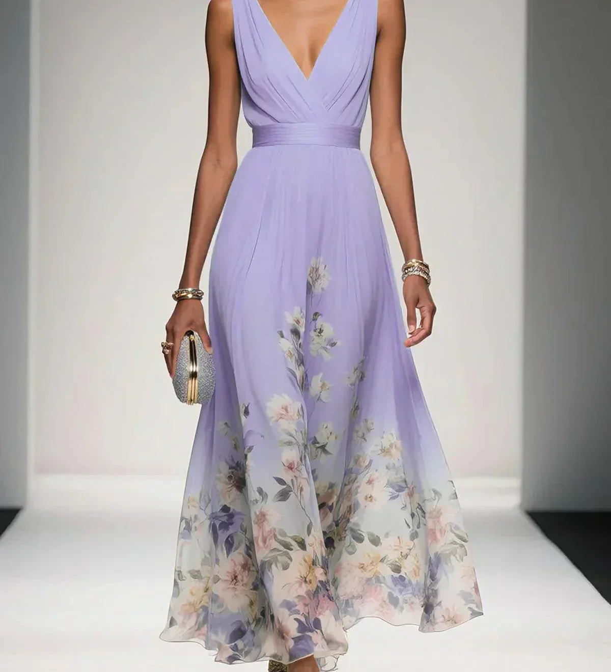 Rosa | Abito Maxi in Chiffon con Fiori Blu Chiaro e Scollatura a V
