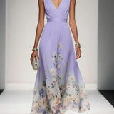 Rosa | Abito Maxi in Chiffon con Fiori Blu Chiaro e Scollatura a V