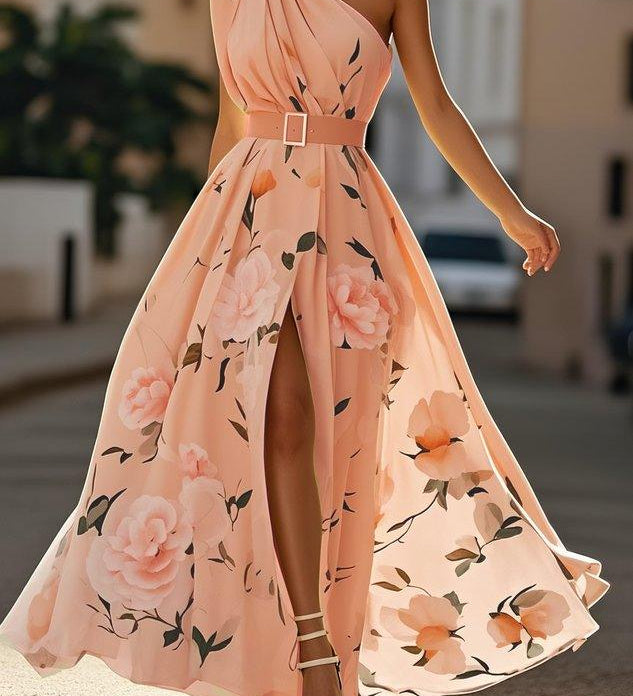Daisy | Abito Maxi Chiffon Floreale a Spalle Scoperte Verde Chiaro