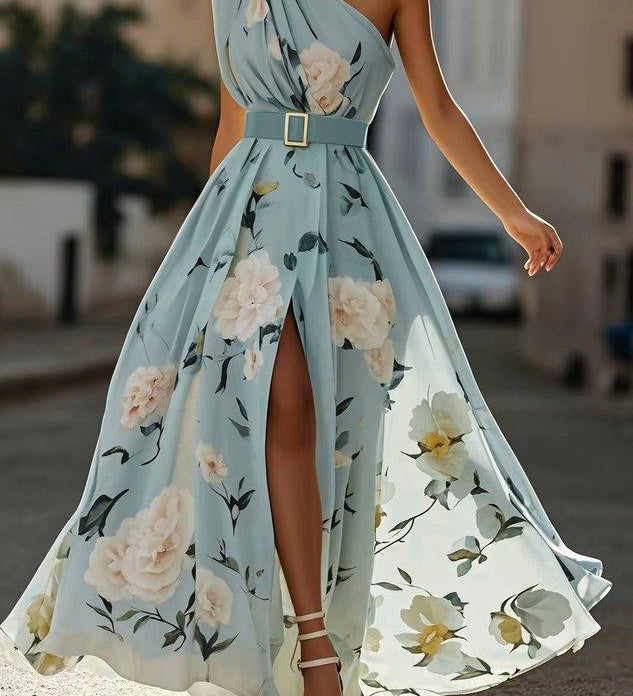 Daisy | Abito Maxi Chiffon Floreale a Spalle Scoperte Verde Chiaro