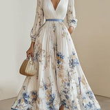 Viola | Abito Maxi in Chiffon Floreale Bianco con Maniche Voluminose