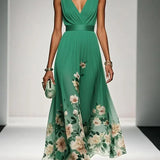 Rosa | Abito Maxi in Chiffon con Fiori Blu Chiaro e Scollatura a V