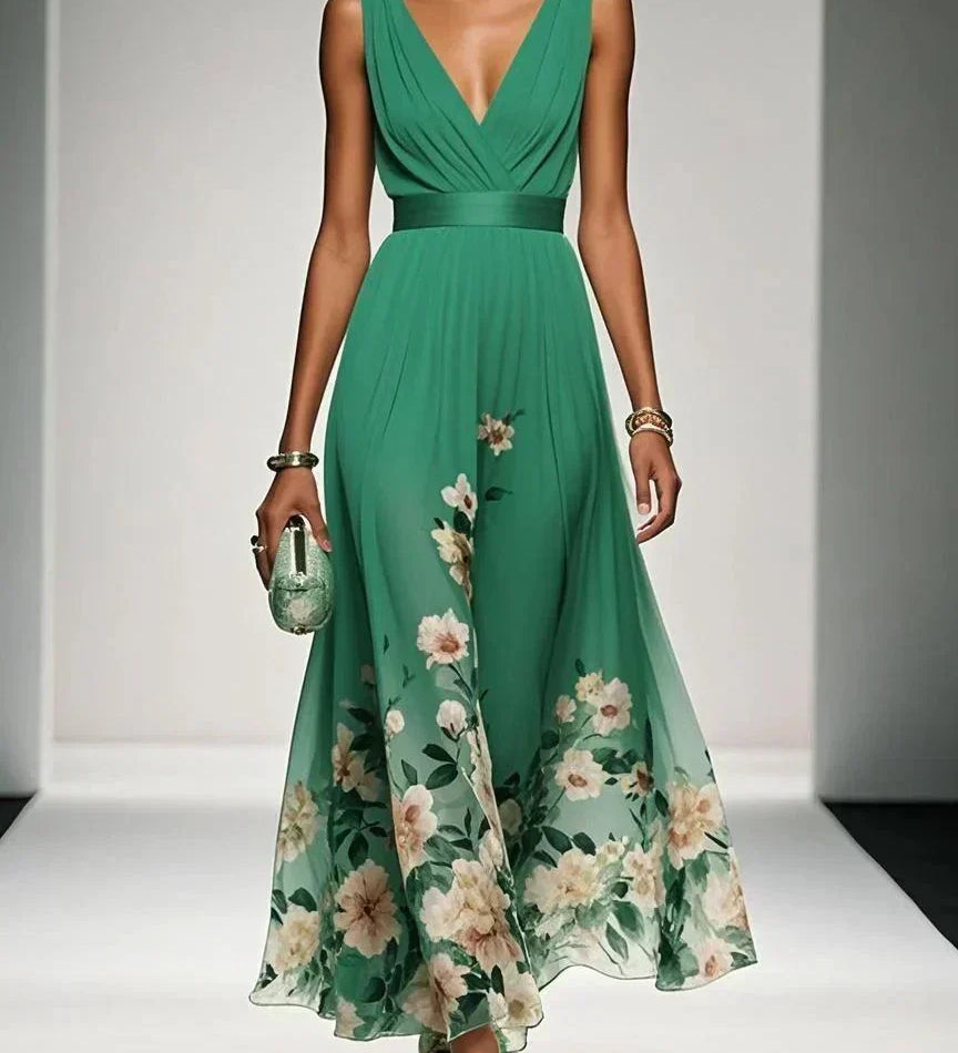 Rosa | Abito Maxi in Chiffon con Fiori Blu Chiaro e Scollatura a V