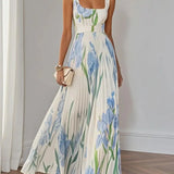 Isabella | Abito Maxi Chiffon Floreale Plissettato Bianco